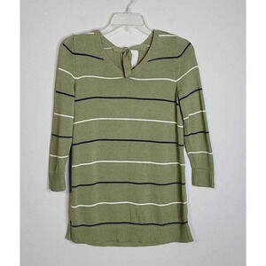 Talbots Womens Prima Cotton Tie Back Neck Olive Green Striped Sweater Size P